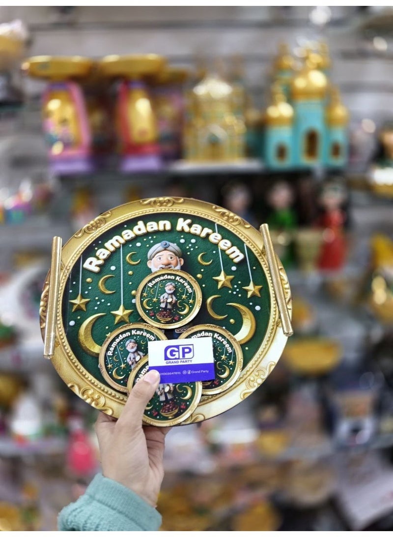صينية خشبية + 4 قواعد أكواب، رمضان كريم - Image 2